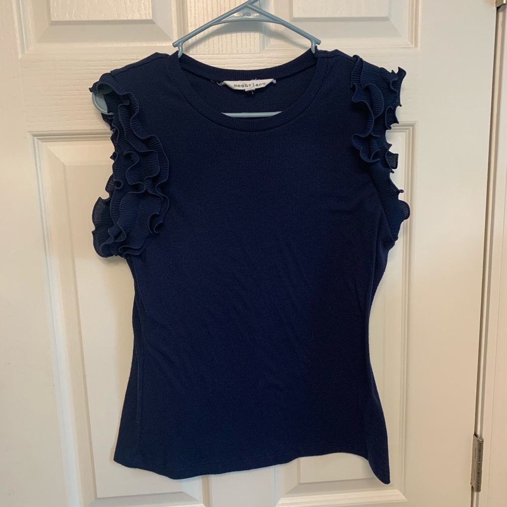 Mesh and Lace Blue Ruffled Sleeveless Fitted Blouse. XL
